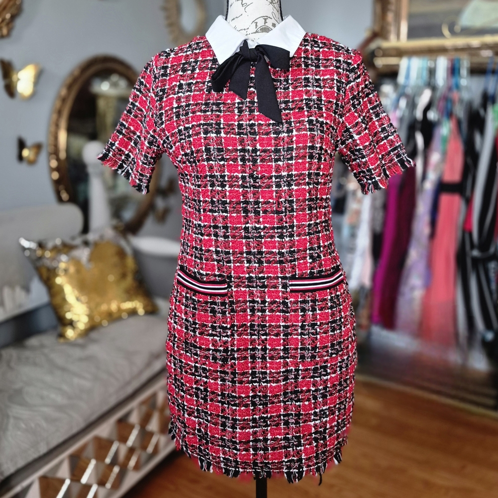 Kingston Grey Y2K Vibe Indie Sleaze Red and Black Plaid Tweed Midi Dress Size 5